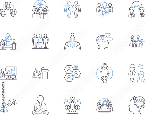 Team work outline icons collection. Collaboration, Cooperation, Unison, Combine, Alliance, Synergy, Interdependence vector and illustration concept set. Congregate, Guild, Unity linear signs