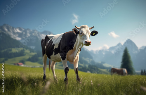 A cow standing in a field  playful. Generative Ai.