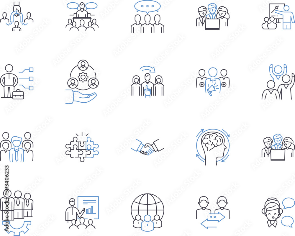 Teambuilding basics outline icons collection. Teamwork, communication, collaboration, trust, respect, leadership, negotiation vector and illustration concept set. planning, delegation, problem-solving Teambuilding basics outline icons collection. Teamwork, communication, collaboration, trust, respect, leadership, negotiation vector and illustration concept set. planning, delegation, problem-solving
