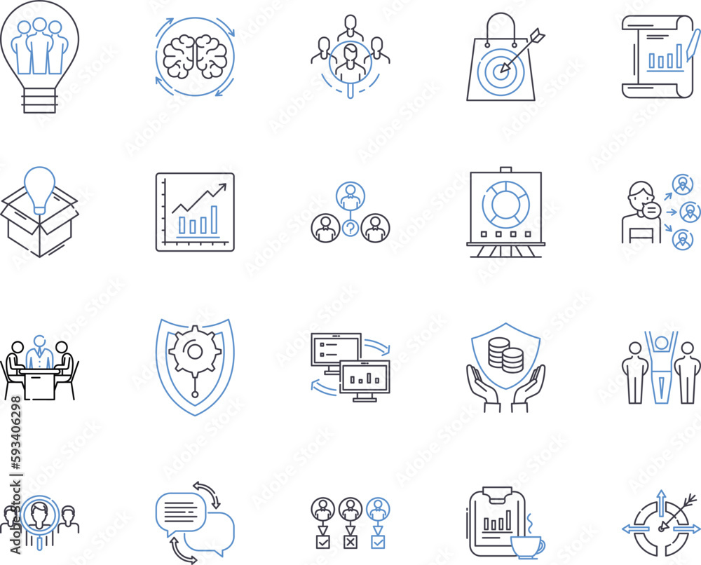 Management and business outline icons collection. Management, Business, Strategy, Planning, Organizing, Leadership, Teamwork vector and illustration concept set. Administration, Marketing, Logistics