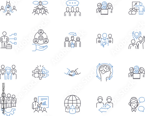 Teambuilding basics outline icons collection. Teamwork, communication, collaboration, trust, respect, leadership, negotiation vector and illustration concept set. planning, delegation, problem-solving