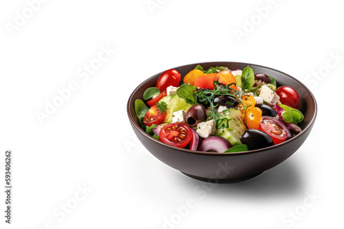 The Mediterranean Cuisine. Flavors of a freshly made Greek salad, packed with healthy vegetables, feta cheese, olives, cucumber, tomato. Vegetarian and diet-friendly concept. Copy Space AI Generative