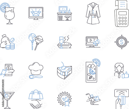Shop and meal outline icons collection. shop, meal, restaurant, bistro, cafe, diner, brasserie vector and illustration concept set. trattoria, pub, bar linear signs