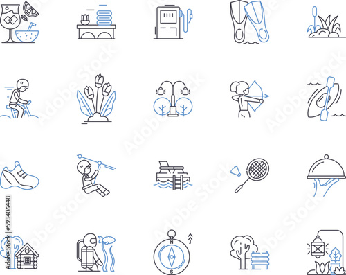 Summer voyage outline icons collection. Voyage, Summer, Tour, Trip, Cruise, Journey, Jaunt vector and illustration concept set. Outing, Safari, Expedition linear signs