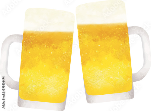 ジョッキの生ビールで乾杯水彩画