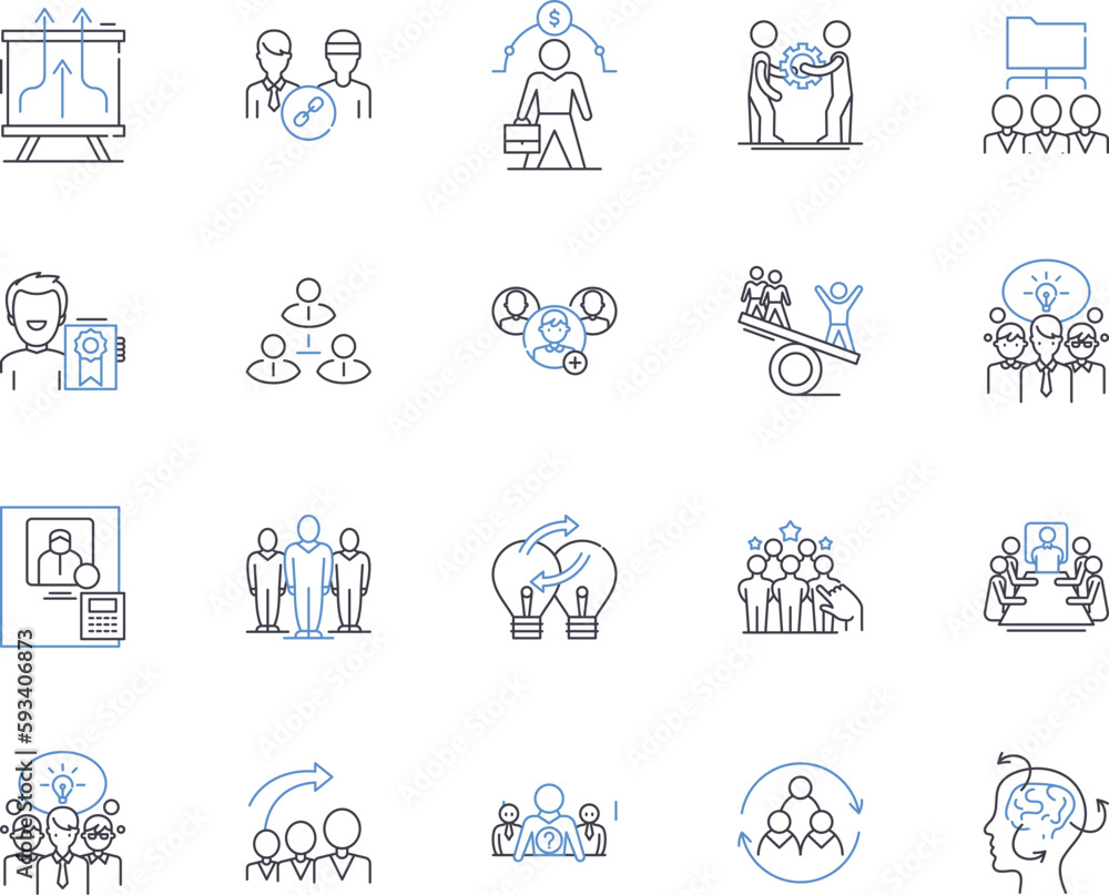 Fototapeta premium Corporate teambuilding outline icons collection. Corporate, Teambuilding, Retreat, Exercise, Building, Recreational, Activity vector and illustration concept set. Networking, Huddle, Workshop linear