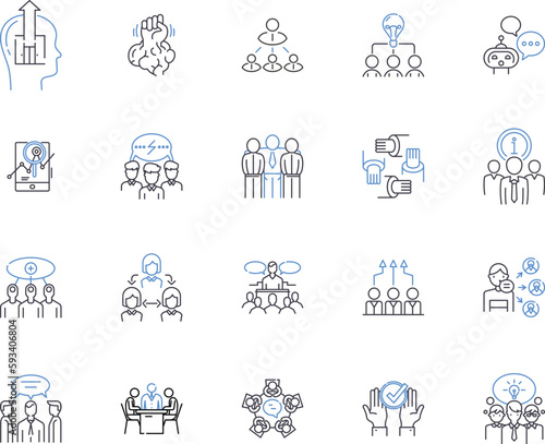 Team collaboration outline icons collection. Cooperation, Collaboration, Networking, Unify, Co-Ordinate, Syndication, Interact vector and illustration concept set. Unionize, Aggregate, Cooperative