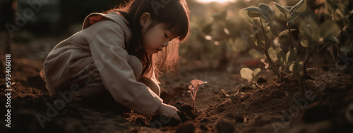 Child planting young plant in soil with sunset background