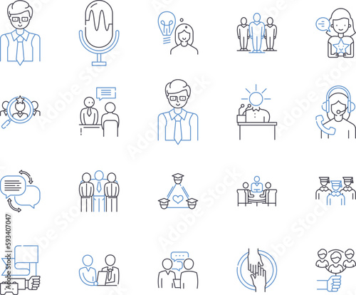 Talent acquisition outline icons collection. Recruiting, Hiring, Staffing, Sourcing, Screening, Attracting, Job-Seeking vector and illustration concept set. Interviewing, Onboarding, Engaging linear