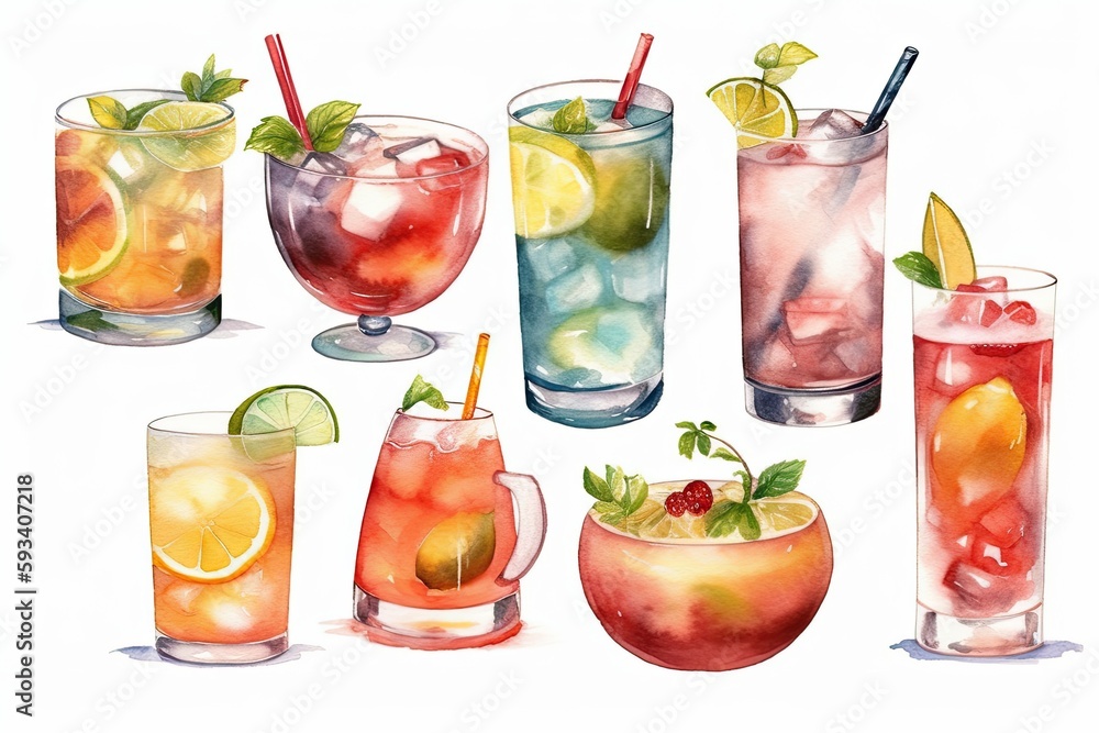 Watercolor illustration of drinks and cocktails collection on white background. Generative AI Watercolor illustration of drinks and cocktails collection on white background. Generative AI