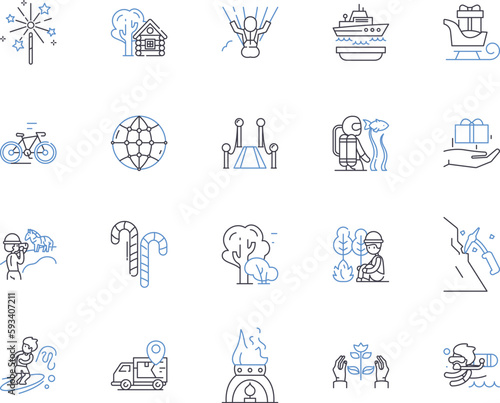 Free time and trips outline icons collection. Leisure, Vacation, Freedom, Holidays, Excursion, Outings, Playtime vector and illustration concept set. Adventures, Travel, Journeys linear signs