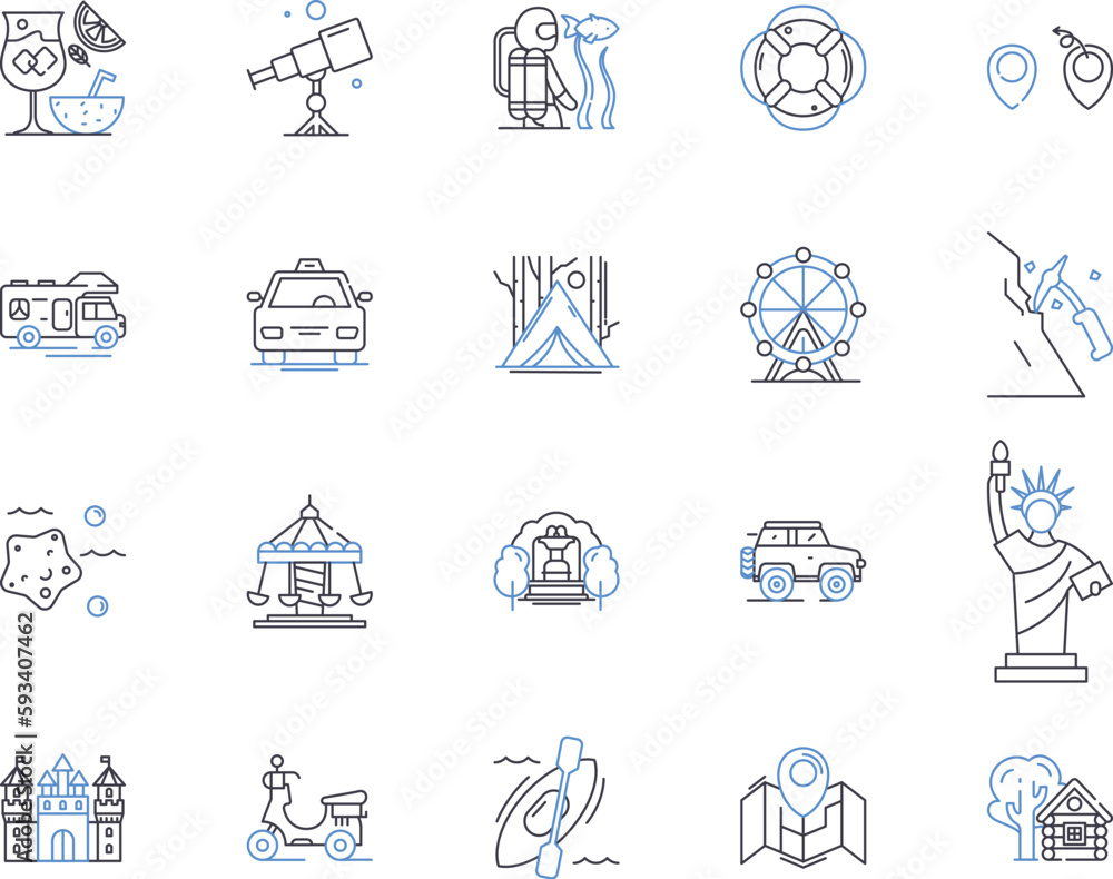 Holiday company outline icons collection. Vacation, Tour, Travel, Holiday, Trip, Package, Resort vector and illustration concept set. Offers, Getaway, Adventure linear signs
