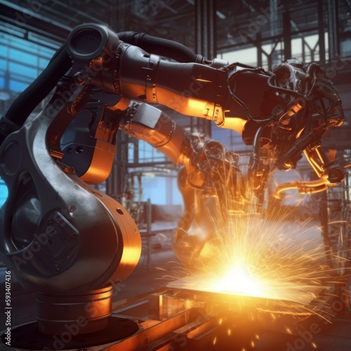 Industrial robots welding part in factory 