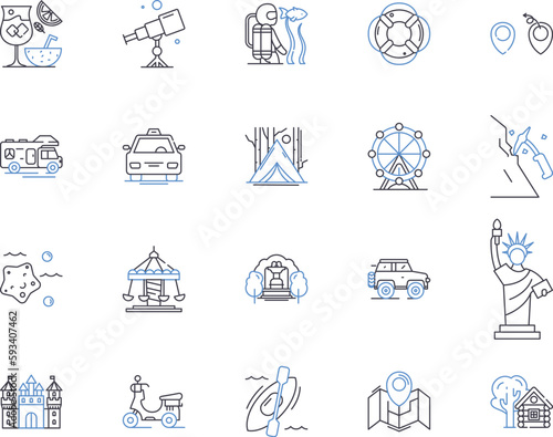 Holiday company outline icons collection. Vacation, Tour, Travel, Holiday, Trip, Package, Resort vector and illustration concept set. Offers, Getaway, Adventure linear signs