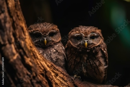 two owls perched on a tree branch in a moonlit forest. Generative AI © 2rogan