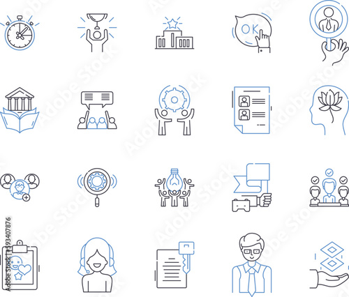 Business training outline icons collection. Business, Training, Corporate, Skills, Professional, Management, Workshop vector and illustration concept set. Coaching, Seminar, Program linear signs