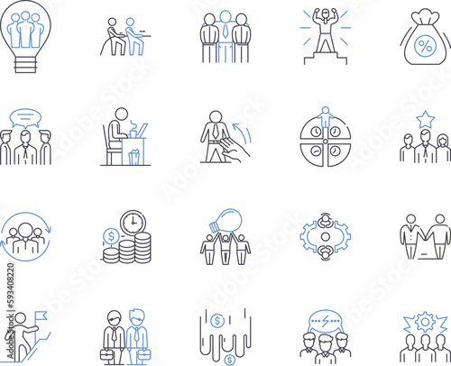 Staff and planning outline icons collection. Staffing, Planning, Organizing, Scheduling, Hiring, Assigning, Forecasting vector and illustration concept set. Allocating, Recruiting, Designing linear