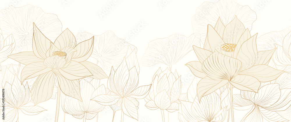 custom made wallpaper toronto digitalAbstract hand drawn art background with lotus flowers in gold line art style. Botanical banner for decor, print, cover, wallpaper, textile, interior design.
