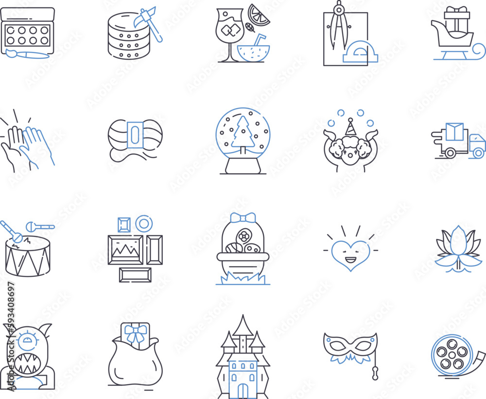 Naklejka premium Creative activities outline icons collection. Innovative, Crafting, Drawing, Painting, Designing, Imaginative, Composing vector and illustration concept set. Performance, Scriptwriting, Songs linear