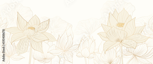 Abstract hand drawn art background with lotus flowers in gold line art style. Botanical banner for decor, print, cover, wallpaper, textile, interior design.