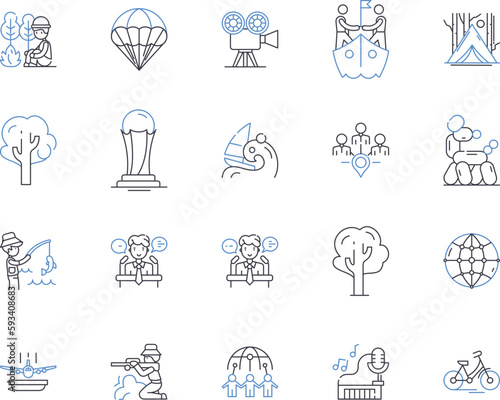 Active and sport games outline icons collection. Active, Sports, Games, Soccer, Basketball, Tennis, Volleyball vector and illustration concept set. Golf, Lacrosse, Swimming linear signs
