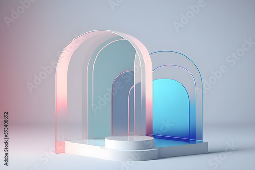 3d render, abstract geometrical background with pink blue translucent glass arches. Modern minimal showcase mockup. Vacant pedestal, empty podium, stage platform for commercial product displaying