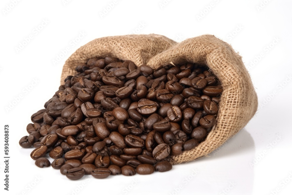 sack of freshly roasted coffee beans on a clean white background. Generative AI sack of freshly roasted coffee beans on a clean white background. Generative AI