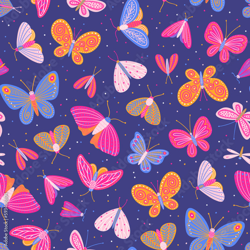 seamless pattern with colorful butterflies, moths and dragonflies on blue background (ID: 593408804)