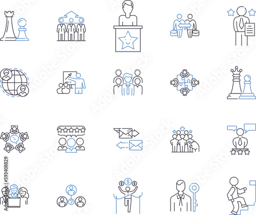 Business and administration outline icons collection. Accounting, Management, Organisation, Administration, Planning, Communication, Customer vector and illustration concept set. Policy, Market