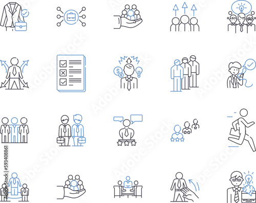 Office coworkers outline icons collection. Colleagues, Coworkers, Teammates, Staff, Associates, Bureaucrats, Compatriots vector and illustration concept set. Managers, Executives, Peers linear signs