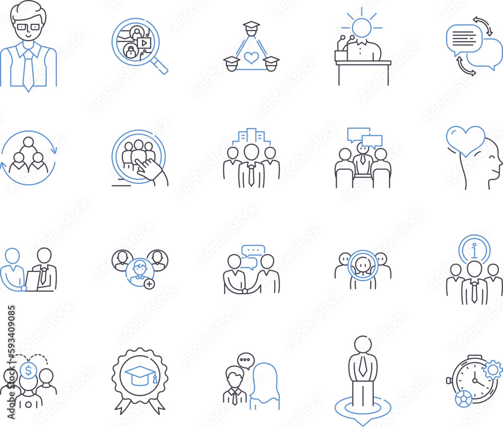 Business coaching outline icons collection. betweenMentoring, Consulting, Guiding, Training, Facilitating, Advising, Instructing vector and illustration concept set. Developing, Bridging, Directing Business coaching outline icons collection. betweenMentoring, Consulting, Guiding, Training, Facilitating, Advising, Instructing vector and illustration concept set. Developing, Bridging, Directing