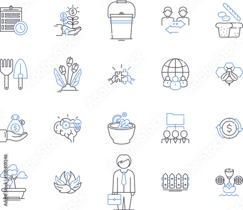 Farming industry outline icons collection. Agriculture, Crops, Livestock, Farming, Soil, Harvests, Tilling vector and illustration concept set. Herbicides, Pesticides, Weed linear signs
