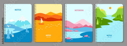 Notepad with nature field landscape. Notebook cover scenery four seasons set. Spring autumn summer winter illustration design for planner brochure, book catalog. Decorative layout page template poster