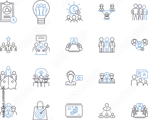 Management office outline icons collection. Office, Management, Administration, Business, Supervision, Coordination, Direction vector and illustration concept set. Executives, Personnel, Lead linear