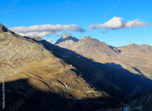 Rocky mountain peaks Piz Linard (3410 m) and Piz Murtera (3044 m) in the massif of the Silvretta Alps above the road pass Fluela (Flüelapass), Zernez - Canton of Grisons, Switzerland (Schweiz)