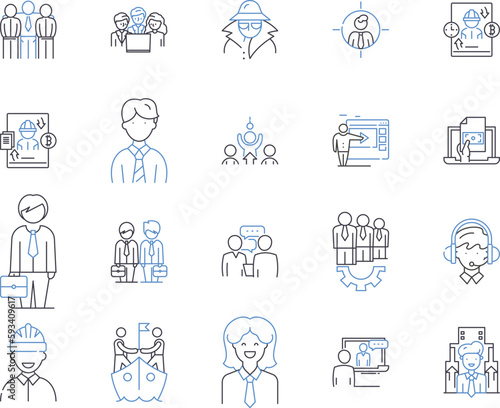Office occupation outline icons collection. Clerk, Receptionist, Manager, Typist, Administrator, Accountant, Analyst vector and illustration concept set. Supervisor, Consultant, Secretary linear signs