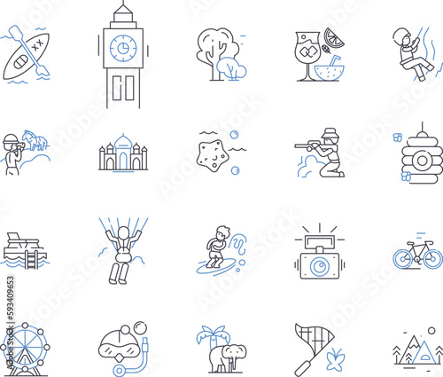 Summer voyage outline icons collection. Voyage, Summer, Tour, Trip, Cruise, Journey, Jaunt vector and illustration concept set. Outing, Safari, Expedition linear signs