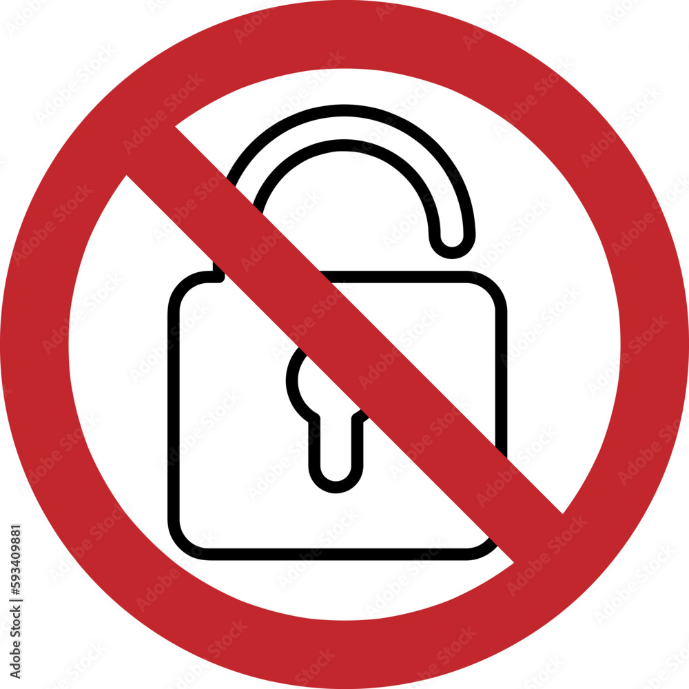 No Lock icon. Illustration style is a flat iconic symbol inside red crossed circle on a white background. No Lock icon. Illustration style is a flat iconic symbol inside red crossed circle on a white background.