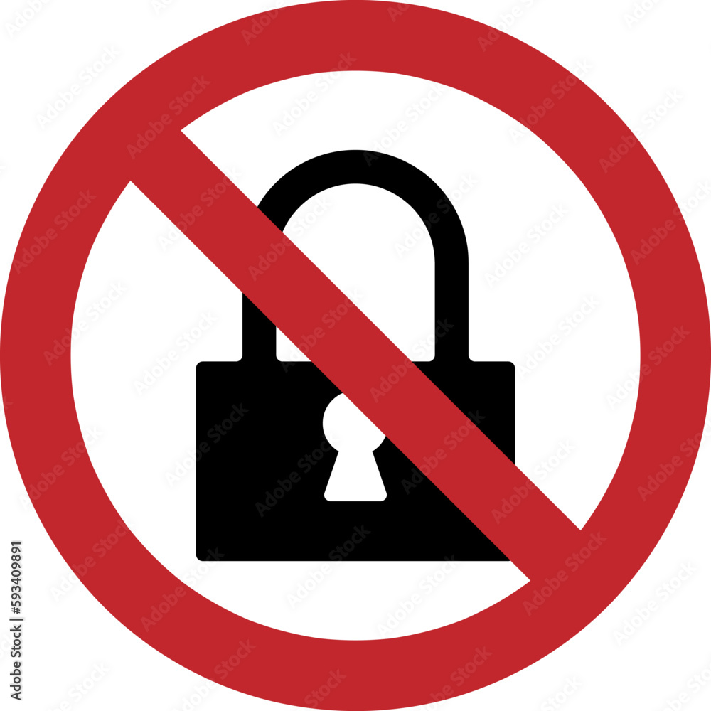 No Lock icon. Illustration style is a flat iconic symbol inside red crossed circle on a white background. No Lock icon. Illustration style is a flat iconic symbol inside red crossed circle on a white background.