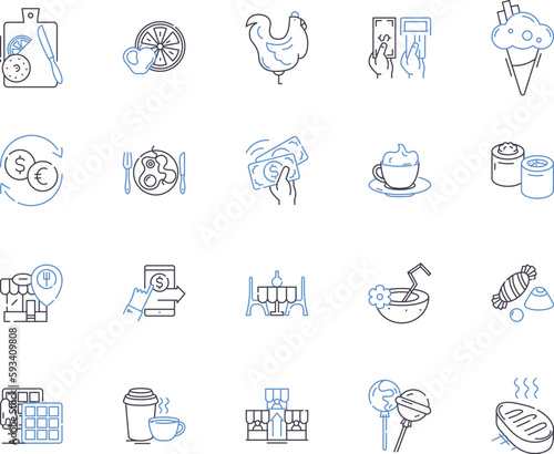 Cafe and bakery outline icons collection. Cafe, Bakery, Coffee, Tea, Cake, Dessert, Pastry vector and illustration concept set. Muffin, Croissant, Cookies linear signs