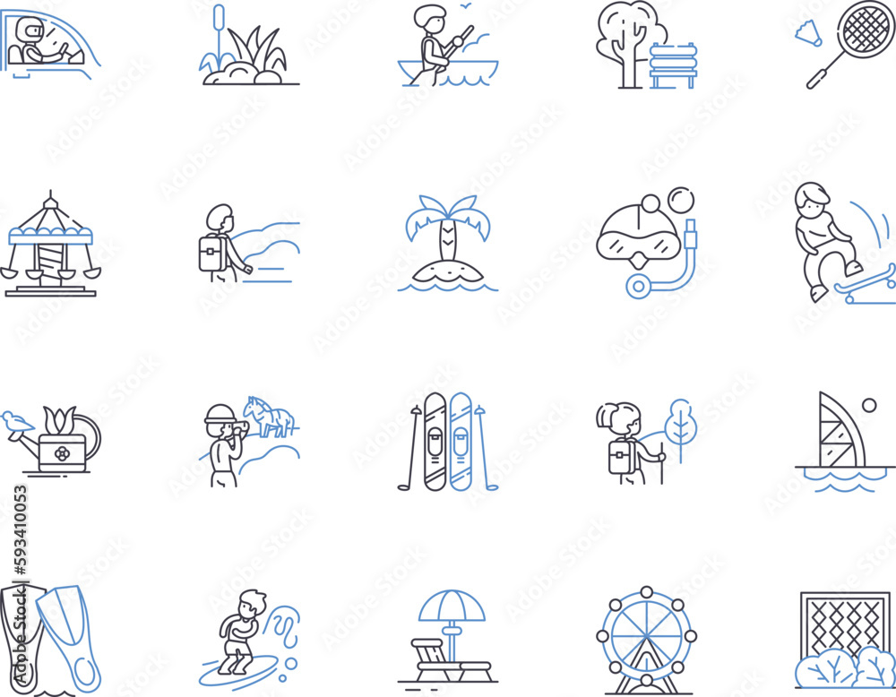 Summer vacation outline icons collection. Holiday, Trip, Relaxation, Sunshine, Escapade, Getaway, Amusement vector and illustration concept set. Scenery, Adventure, Journey linear signs