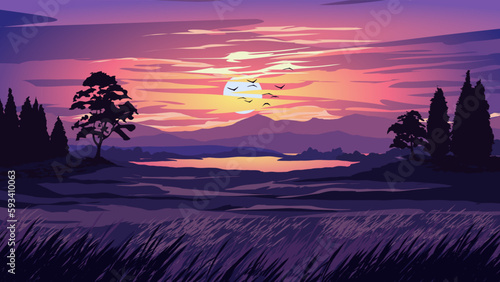 Vector beautiful sunset landscape with meadow and mountain in background