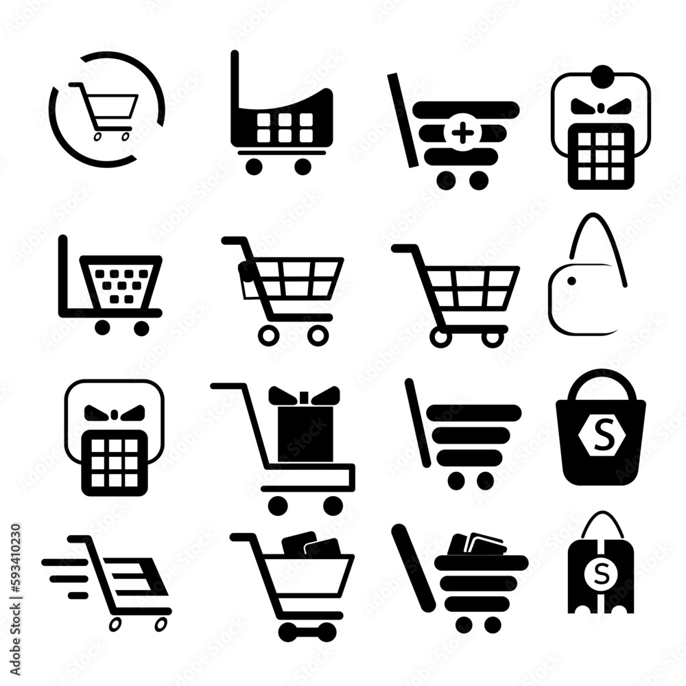 SET OF TROLLEY SHOP THIN LINE VECTOR SILHOUETTE