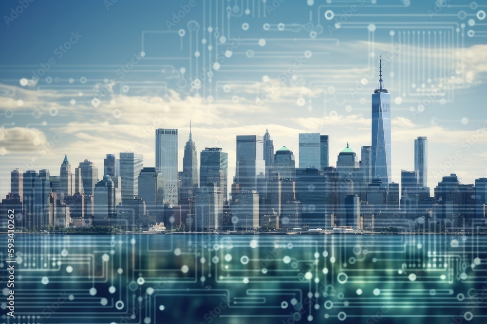 Obraz premium futuristic city skyline with a digital interface in the foreground. Generative AI