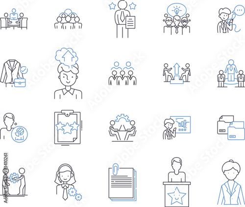 Company office outline icons collection. Office, Company, Business, Building, Space, Room, Suite vector and illustration concept set. Desk, Chair, Computer linear signs