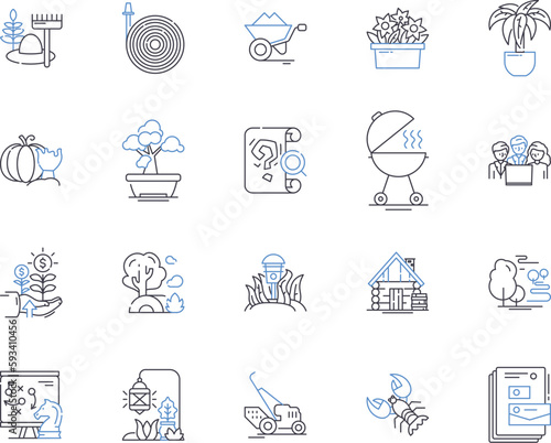Farming production outline icons collection. Agriculture, Cultivation, Crops, Harvesting, Sowing, Yield, Livestock vector and illustration concept set. Irrigation, Fertilization, Agricultural linear