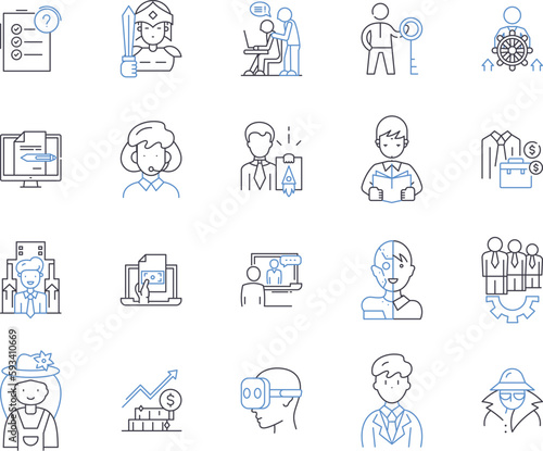 Office profession outline icons collection. Executive, Manager, Secretary, Clerk, Administrator, Supervisor, Officer vector and illustration concept set. Consultant, Analyst, Coordinator linear signs