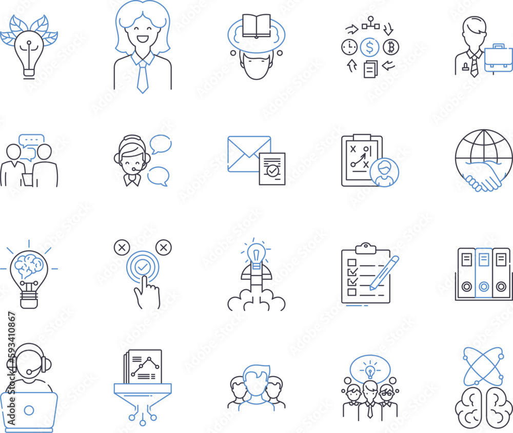 Marketing management outline icons collection. Marketing, Management, Strategy, Planning, Creative, Promotion, Lead-Generation vector and illustration concept set. Research, Analysis, Audience linear