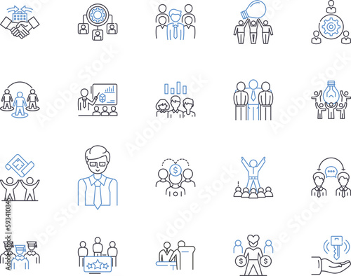 Team building outline icons collection. Teamwork, Collaboration, Communication, Bonding, Trust, Confidence, Creativity vector and illustration concept set. Goal-setting, Problem-solving, Networking