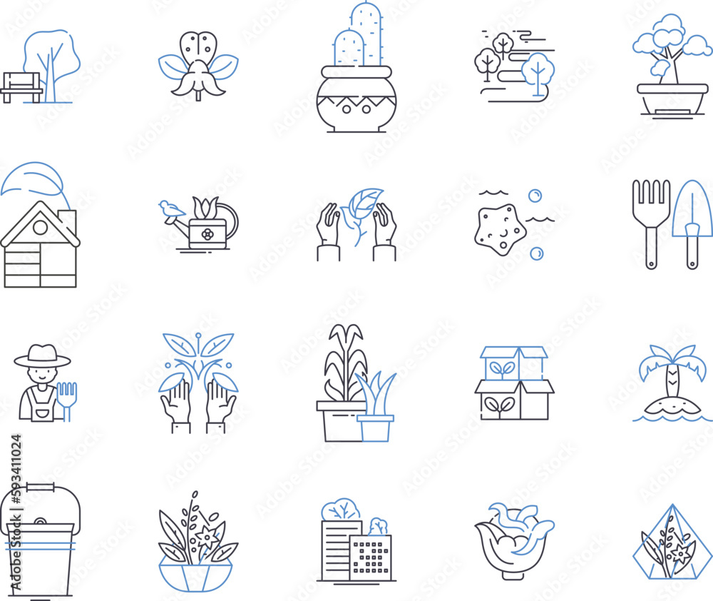 Naklejka premium Garden and design outline icons collection. Landscaping, Gardening, Interior, Exterior, Architecture, Designing, Outdoors vector and illustration concept set. Patio, Plants, Foliage linear signs